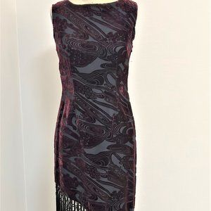 DRAMATIC SILK & VELVET SHEATH DRESS WITH HAND-KNOTTED FRINGE